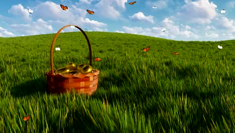 Basket-with-dyed-easter-eggs-on-green-grass-and-fluttering-butterflies-3D-animation