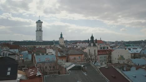 Aerial-City-Lviv,-Ukraine.-European-City.-Popular-areas-of-the-city.-Rooftops