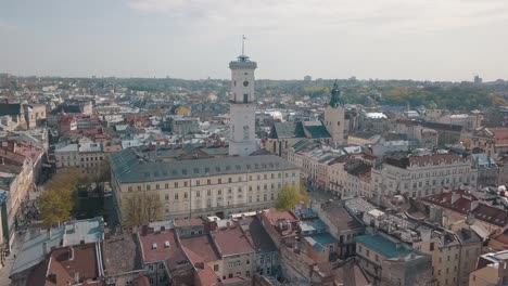 Aerial-City-Lviv,-Ukraine.-European-City.-Popular-areas-of-the-city.-Town-Hall