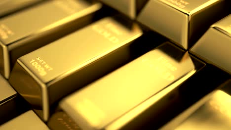 Close-up-view-of-fine-gold-bars-stacked-into-stairs