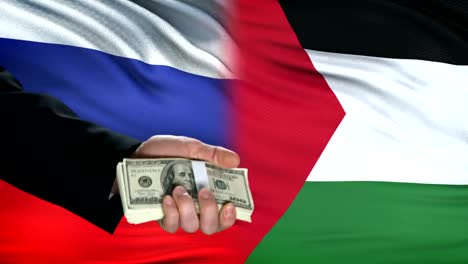 Russland-und-Palästina-Beamte-tauschen-Panzer-gegen-Geld,-Flagge-Hintergrundwaffe