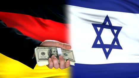 Germany-and-Israel-officials-exchanging-tank-for-money,-flag-background,-deal