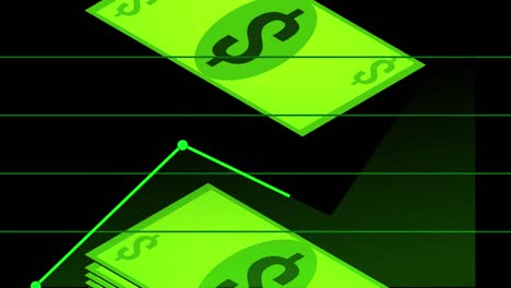 Dollar-fallen-in-einem-Haufen-auf-schwarzem-Hintergrund-grüne-Linie-Graph