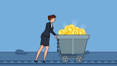 Flat-cartoon-businesswoman-character-pushing-miners-wagon-barrow-with-gold-bitcoin-coins-business-concept-animation