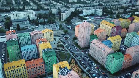 top-view-of-a-cozy-colorful-district,-colorful-houses-and-roads-filled-with-cars,-Comfort-Town-in-Kiev,-Ukraine