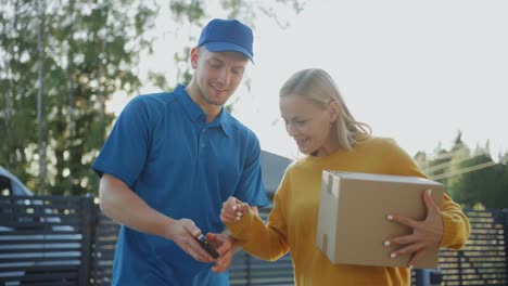 Schöne-junge-Frau-öffnet-Türen-ihres-Hauses-und-trifft-Liefermann,-der-ihre-Karton-Paket-gibt,-sie-unterzeichnet-elektronische-Signatur-POD-Gerät.