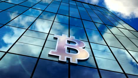 Bitcoin-Blockchain-technology-glass-skyscraper-with-mirrored-sky-loop-animation