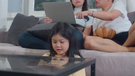 Young-Asian-family-and-daughter-happy-using-tablet-and-laptop-at-home.-Japanese-mother,-father-relax-with-little-girl-watching-movie-and-checking-social-media-lying-on-sofa-in-living-room.