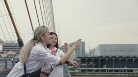 Parejas-lesbianas-asiáticas-jugando-burbujas-de-jabón-mientras-están-de-pie-en-el-puente.