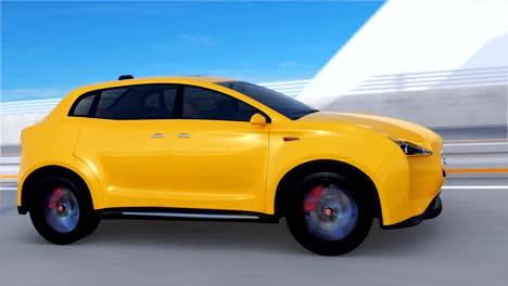 Yellow-electric-SUV-driving-on-arc-bridge