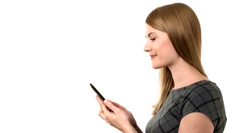 Beautiful-businesswoman-in-grey-dress-working-on-her-smartphone.-Isolated-white-background