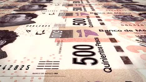 Banknotes-of-five-hundred-mexicans-pesos-rolling-on-screen,-cash-money,-loop