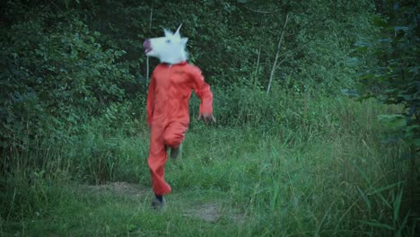 4K-Halloween-Mann-mit-Einhorn-Pferd-Maske-tanzen