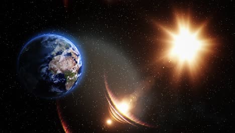 Animación-3d-de-la-tierra-en-el-espacio-con-el-sol-en-órbita