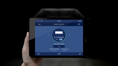 Touching-IoT-tablet,-smart-pad-application,-Air-Conditioner-system-energy-saving-efficiency-control,-Smart-home-appliances,--internet-of-things.