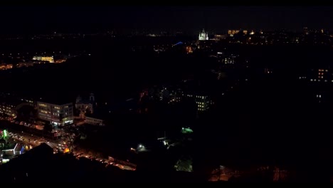 Aerial-shooting-night-city-Kiev-and-St-Andrew's-Church,-Europe,-Ukraine