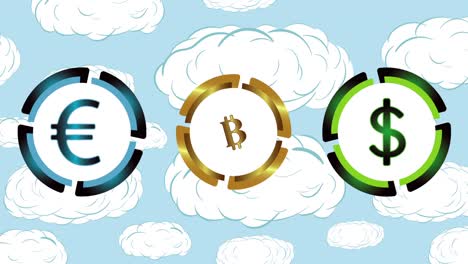 Bitcoin,-dollar,-euro-in-clouds