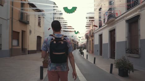 Male-walker-is-moving-on-city-street-in-daytime,-back-view