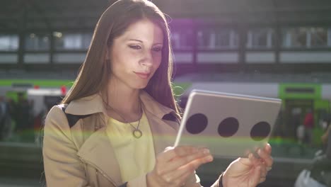 Good-looking-young-female-working-on-digital-tablet-in-public-space-outside