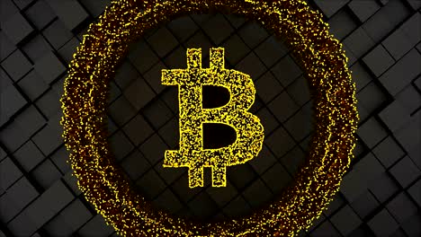 Bitcoin-coin-symbol-with-many-particles-and-squared-surface,-computer-generated-abstract-technology-background