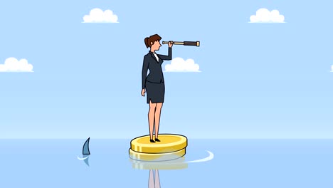 Flat-cartoon-businesswoman-character-looks-through-spyglass-floating--near-sharks-on-dollar-coins-animation