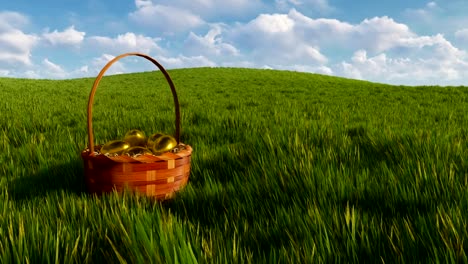 Basket-with-dyed-easter-eggs-among-green-grass-3D-animation