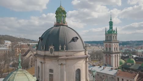 Aerial-City-Lviv,-Ukraine.-European-City.-Popular-areas-of-the-city.-Dominican