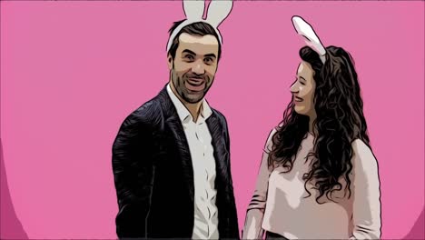 Young-lovers-couple-on-the-pink-background.-With-hackneyed-ears-on-the-head.-During-this,-the-girl-wears-rabbit-ears-to-her-husband.-After-that,-they-begin-to-make-a-photo-of-sephi-on-the-phone.-Very-smiling.-Animation.