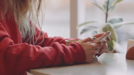 Smiling-woman-in-cafe-using-mobile-phone-and-texting-in-social-networks,-sitting-alone