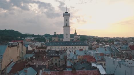 Aerial-City-Lviv,-Ukraine.-European-City.-Popular-areas-of-the-city.-Town-Hall