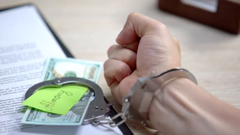 Male-hand-in-cuffs-and-dollars-with-alimony-sign-on-table,-obligatory-payment