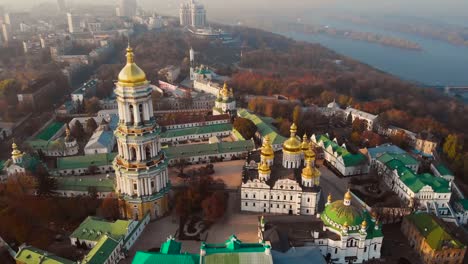 Aerial-view-of-Kiev-Pechersk-Lavra-at-sunset,-Kiev