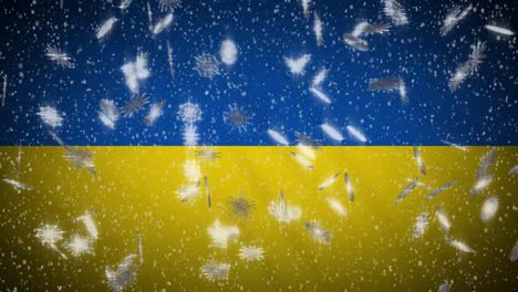 Ukraine-flag-falling-snow-loopable,-New-Year-and-Christmas-background,-loop