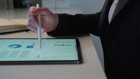 Business-woman-working-on-tablet-computer-and-analyzing-a-marketing-report-on-white-desk