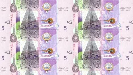 Banknotes-of-five-kuwaiti-dinar-rolling-on-screen,-cash-money,-loop