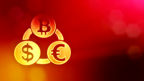 Symbol-Bitcoin-Euro-und-Dollar-in-eine-kreisförmige-Reihe.-Finanziellen-Hintergrund-Glühen-Teilchen-gemacht.-Glänzende-nahtlose-3D-Animation-mit-Tiefe-von-Feld,-Bokeh-und-Kopie-Raum.-Rote-Farbe-v2