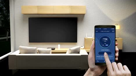 Touching-IoT-mobile-application,-Living-room-TV,-Smart-home-appliances,-TV-on-off-control.-Internet-of-Things,-4K-movie.