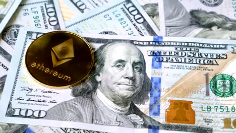 Ethereum-ETH-coin-on-dollar-bills.-Cryptocurrency-and-trading.-Mining-concept.