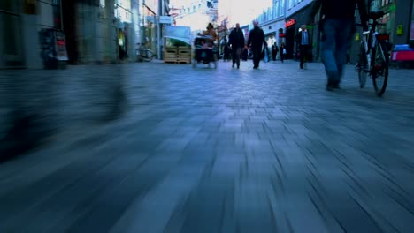 Point-of-view-of-dog-searching-for-owner-on-crowded-pedestrian-street,-panic