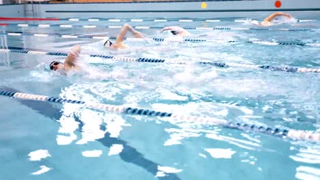 Gruppe-von-jungen-männlichen-sportlich-professionelle-Schwimmer-mit-Crawl-auf-Waterpool-training