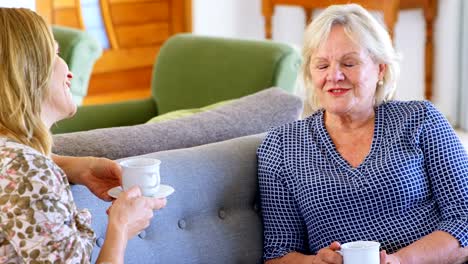 Mutter-und-Tochter-miteinander-interagieren,-während-mit-Kaffee-4k