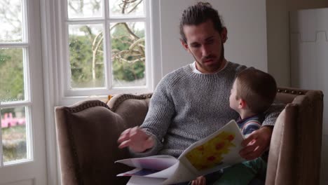 Father-Sits-In-Chair-At-Home-Reading-Book-To-Son-Shot-On-R3D