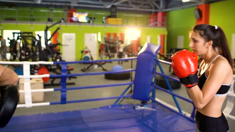 Young-woman-kickboxer-training-pre-match-warm-up-in-the-boxing-ring-with-her-trainer