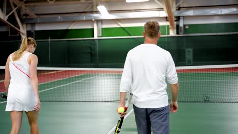 Athleten-mit-einem-Lächeln-gratulieren-einander-mit-einem-guten-Spiel,-das-zu-einem-Ende-gekommen-ist,-Tennisspieler-fröhlich-Hände-schütteln,-sie-machen-einen-Händedruck-mit-Rivalen