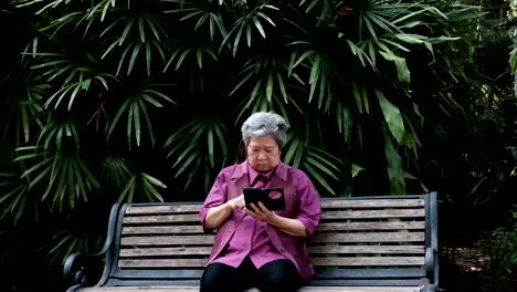 asian-elder-woman-holding-mobile-phone-in-garden.-elderly-female-texting-message,-using-app-with-smartphone-in-park.-senior-use-cellphone-to-connect-with-social-network