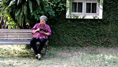 Asia-mujer-mayor-sosteniendo-el-teléfono-móvil-en-el-jardín.-mensaje-de-texto-mujeres-mayores,-con-la-aplicación-de-teléfono-inteligente-en-el-parque.-teléfono-móvil-de-uso-principal-para-conectar-con-la-red-social