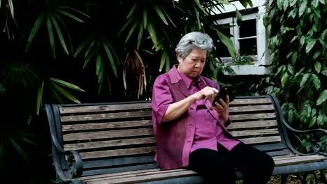 Asia-mujer-mayor-sosteniendo-el-teléfono-móvil-en-el-jardín.-mensaje-de-texto-mujeres-mayores,-con-la-aplicación-de-teléfono-inteligente-en-el-parque.-teléfono-móvil-de-uso-principal-para-conectar-con-la-red-social