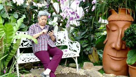 asian-elder-woman-holding-mobile-phone-in-garden.-elderly-female-texting-message,-using-app-with-smartphone-in-park.-senior-use-cellphone-to-connect-with-social-network