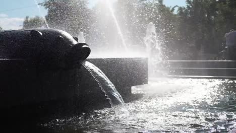 Water-fountain-in-park-at-sunset.-Slow-motion