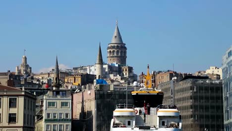 Galata-Tower-view,-reconstruction-of-ancient-buildings,-transport-in-Stambul